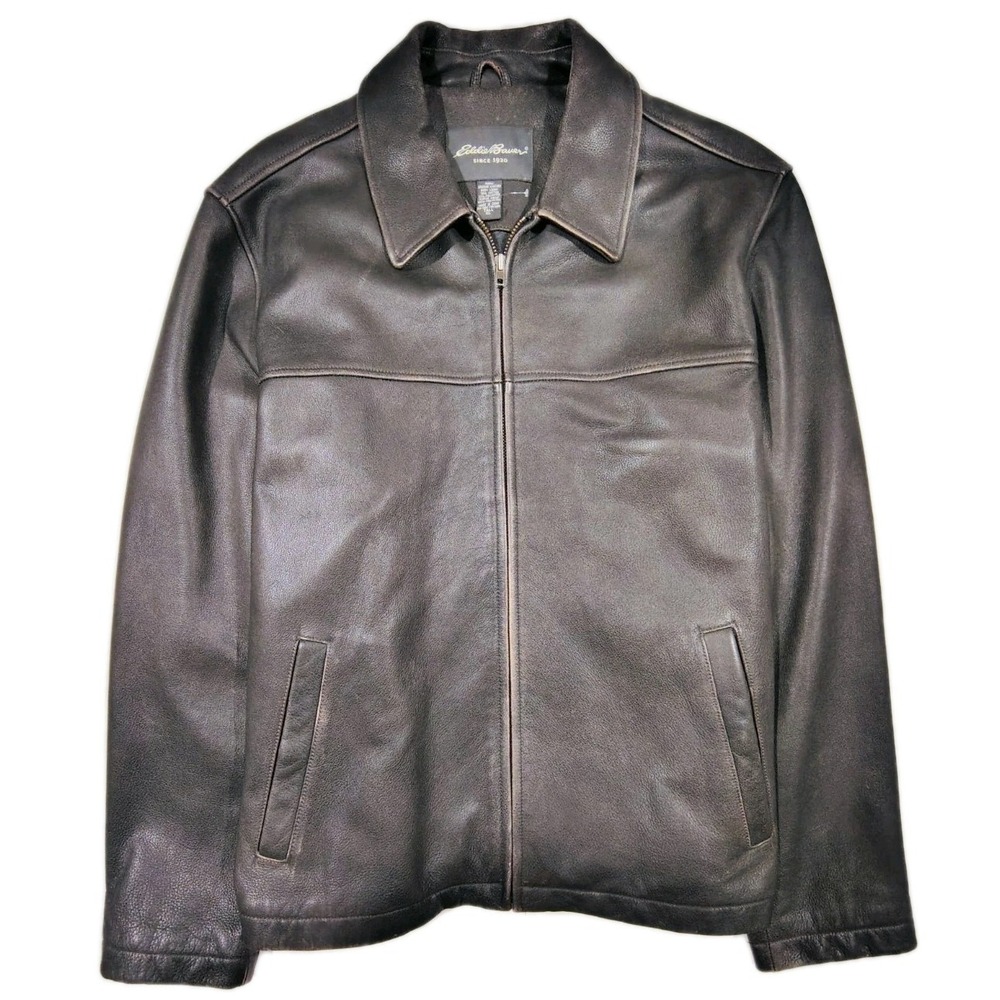 Vtg Eddie Bauer Leather Bomber Jacket Mens Faded Brown Zip Front Size XL Tall